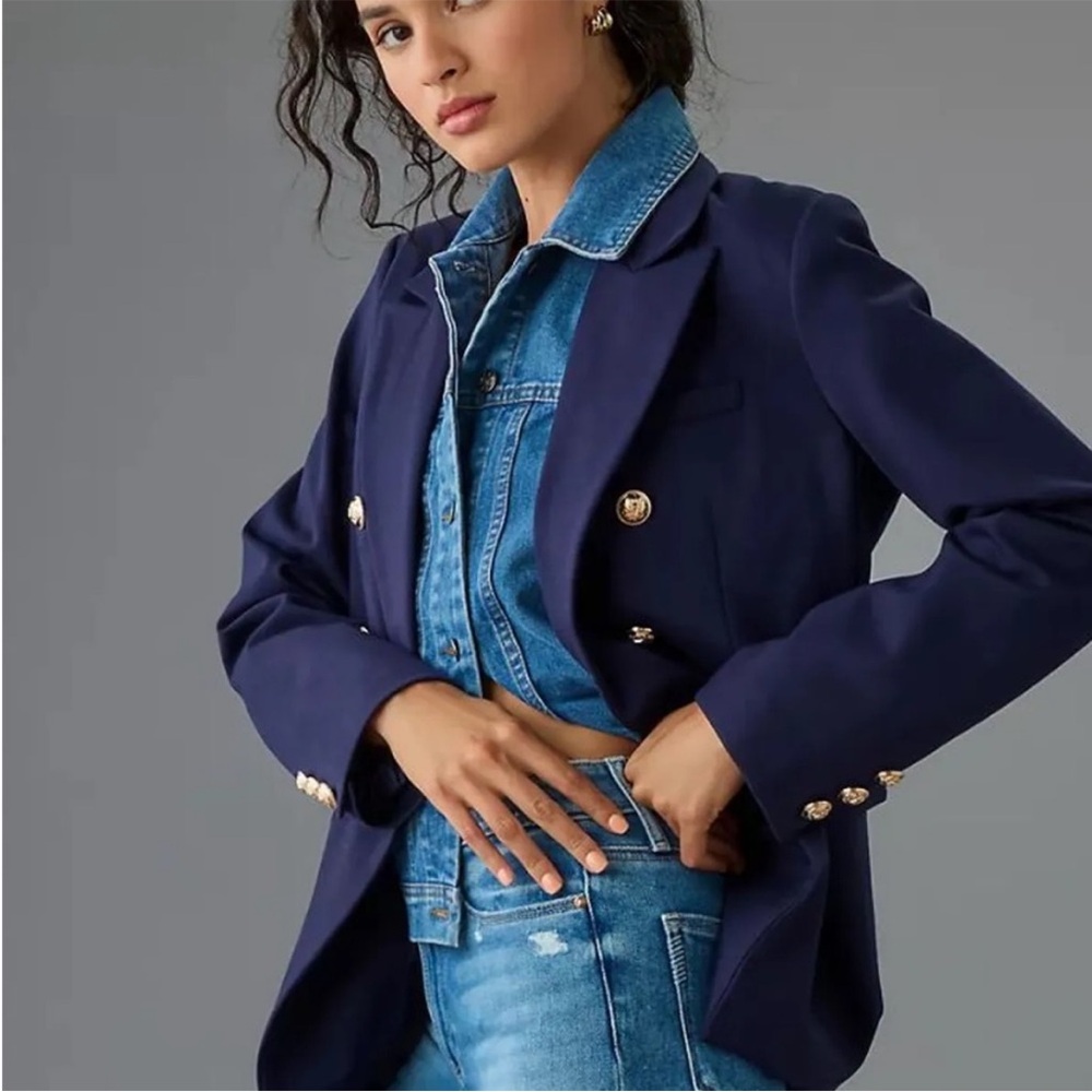 Anthropologie Navy Blazer with Gold Buttons and detachable denim insert